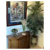 FOYER CABINET; FRAMED PRINT; FAUX PALM