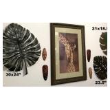 METAL ART, FRAMED PRINT, HAND CARVED WOOD MASKS
