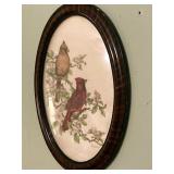 SIGNED FOGELSONG PRINT OF REDBIRDS. OVAL FRAME