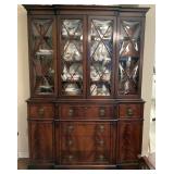 MCM FLAME MAHOGANY BREAKFRONT DISPLAY CABINET. SCARCE PILLOW GLASS IN DOORS