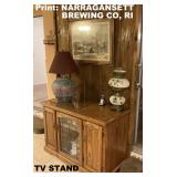 TV STAND; NARRAGANSETT BREWING CO FRAMED PRINT; LAMPS; PHONE