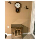 WHITE CLAD ICE BOX; REGULATOR STYLE CLOCK; MCM BIRD DECOR