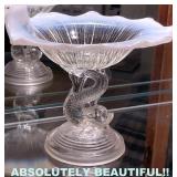 NORTHWOOD OPALESCENT SMALL COMPOTE OR CALLING CARD HOLDER ON CLEAR GLASS DOLPHIN BASE