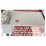 CLOSEUP OF THE WICKER AND RATTAN SERVING TRAY w/CUP HOLDER
