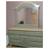 COTTAGE RETREAT DRESSER & MIRROR - PALE GREEN , 4 SMALL & 2 LARGE DRAWERS, , 1 DOOR 