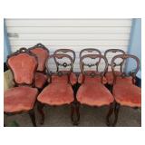 Set of ORNATE WOOD Dining chairs, 2 captain and 6 guest, red cloth seating, very nice