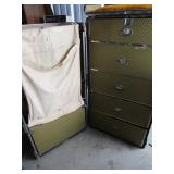Vintage STEAMER TRUNK Black, 5 DRAWERS &  WOOD HANGERS, MARKED H L R - DENVER, CO. 41X 22 X 22