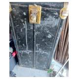 Vintage STEAMER TRUNK Black, 5 DRAWERS &  WOOD HANGERS, MARKED H L R - DENVER, CO. 41X 22 X 22