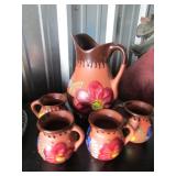 hand painted handled pitcher with 4 matching handled cups made with red clay - pitcher - 10 in tall 