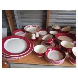  set of red and white dishes, 9 handled cups and 9 cup saucers, 6 desert dish, creamer and sugar- sa