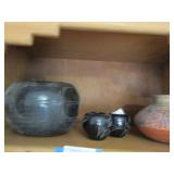 Indian pottery qty 4 - BLACK ARE CEDAR MESA QTY X $$ SM BLACK - 2" HT, LARGE BLACK IS 6" HT: BROWN -