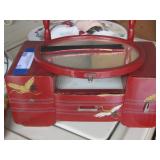 Red Jewelry Box with Drawers & small circle mirror - has Cranes motif