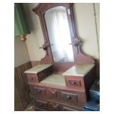 EASTLAKE ANTIQUE DRESSSER with MIRROR, 3 MARBLE TIERS/TOPS, ( HAS CRACK SEE PIC) 2 DRAWERS ON BASE 
