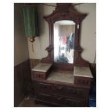 EASTLAKE ANTIQUE DRESSSER with MIRROR, 3 MARBLE TIERS/TOPS, ( HAS CRACK SEE PIC) 2 DRAWERS ON BASE &
