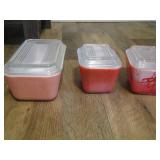 QTY 3 VINTAGE Pyrex REFRIGERATOR DISHES WITH CLEAR LIDS 2 RED 1 PINK