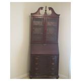 VINTAGE MAHOGANY SECRETARY DESK , TOP BOOKCASE W/ FINIALS, DROP DOWN FRONT, 4 DRAWERS BALL ON CLAW F