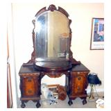 Antique Heavily Carved Vanity/Dressing Table With Four Drawers, Half Moon Lift Top Storage Compartme