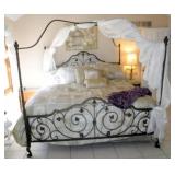 King Size Metal Canopy Style Bed, Ivy Pattern Bedding, Includes Southerland Mattress Set