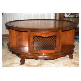 Vintage Leather-Topped Round Coffee Table With 4 Storage Doors, 16"H x 36"Dia