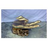 Mid Century Modern Resin Cast Hand Sculpture Coffee Table, 42"L x 26"W x 18"H, Base Measures 30"L x 