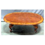 Oval Coffee Table with Inlaid Wood Border and Queen Anne Style Legs, 46"L x 25"W x 15"H