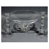 Steuben Glass Peony Centerpiece Bowl Set, 13"Dia x 6.5"H, and Steuben Glass Candlesticks, Qty 2, 9"H