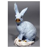 Herend Hungary Hand Painted Blue Fishnet Porcelain Rabbit Statue #5339, 7.5"L x 12"H