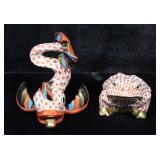 Herend Hungary Hand Painted Rust Orange Fishnet Porcelain Fish and Toad Figurines, #15021 & #5323, 2