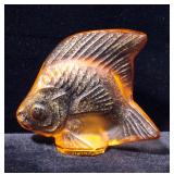 Lalique Orange and Gold Crystal Fish Figurine, Signed, 2" x 2"