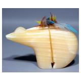 Carved Honey Onyx Zuni Bear Fetish Sculpture, 8"W x 5.5"H