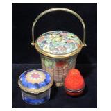 Halcyon Days Enamels Basket with Pierced Lid, 2.5"H, Halcyon Days Enamels Strawberry Trinket / Pill 