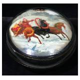 Russian Hand Painted 3-Horse Sleigh Sleigh Ride Log Cabin Round Lacquer Box, 5.5"Dia