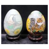 Decorative Art Glass Hand Blown and Painted Eggs with Stands, Qty 4, Cracks on Animal Egg, See Photo