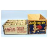 Vess Billion Bubble Beverages Soda Crate, 17"L x 7.25"H x 12"W, and Snoboy Apple Crate 19.5"L x 12"W