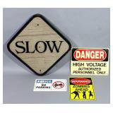 Assorted Road and Novelty Signs, Qty 4,- "No Parking," "Zombies Ahead," "High Voltage," and "Slow"11