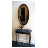 Marble top Entry Way Table 28" x 27" x 12", Mirror 36" x 20" And Glassware