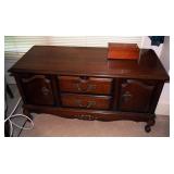 Lane Cedar Chest 23" x 44" X 18" Including Lane Trinket Box, Handkerchiefs, Baby Blankets And Fabric