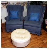 Town House Swivel, Wing-Back Rocking Chairs 40" x 30" x 34" And Tufted Rolling Footstool 12" x 24"