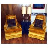 Matching Upholstered Chairs Qty. 2 With Side Table And Brass Style Lamps Qty. 2