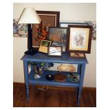 Side Table, 28" x 31" x 15" With Framed Wall Hangings Qty. 7, Lamp And Figurines