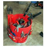 Bucket Tool Tote Containing Cutters, Wrenches, Clamps, Oil Can, Hammer And More