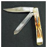 Rough Rider RR154 Trapper Pocket Knives, Qty 3, 4-1/8" Closed, Stainless Clip & Blades, Stag Bone Ha
