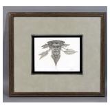 Charles A Bibbs Original Pen and Ink Sketch of Indian Head, Signed "Bibbs", Framed and Matted, 15.25