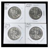 Walking Liberty Half Dollars, 1943 Qty 3 And 1943 Uncirculated Qty 1, Total Qty 4