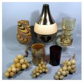 Lusterware & Art Glass Vases, Qty 5, and Soapstone Grape Clusters, Qty 3