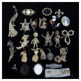 Pins/Brooches, Qty 23, Shell Cameo, Les Bernard Bird, Figural, Animal Pins, More, & Hat Pins, Qty 2