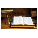 Heirloom Family Bible From Masonic Lodge, Desk Lamp, Bible Stand And Antique Magnifying Glass