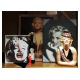 Marilyn Monroe Collectibles Including Cookie Jar, Ornament, Wall Clock, Wine Bottle, Postcards, Prin