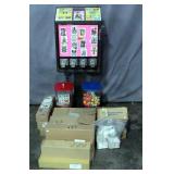 Sticker/Tattoo Flat Vending Machine on Stand wi/ 2 Mounted Gumball/Capsule Machines, Includes Keys, 