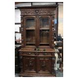 Ornate French Renaissance Black Forest Hand Carved Buffet / Bookcase with Floral Relief, Dog